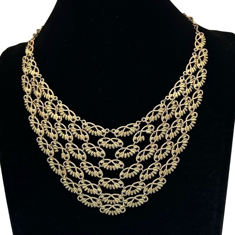 Vintage Turkish Bib Statement Necklace Gold-tone Fire Flies Chainmail Adjustable - Picture 3 of 6